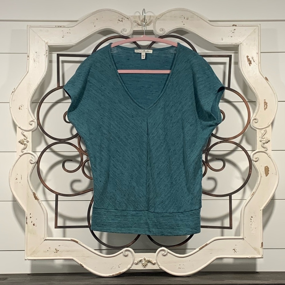 Express One Eleven Womens V-Neck Top Heathered Teal Short Sleeve XS - Picture 2 of 6